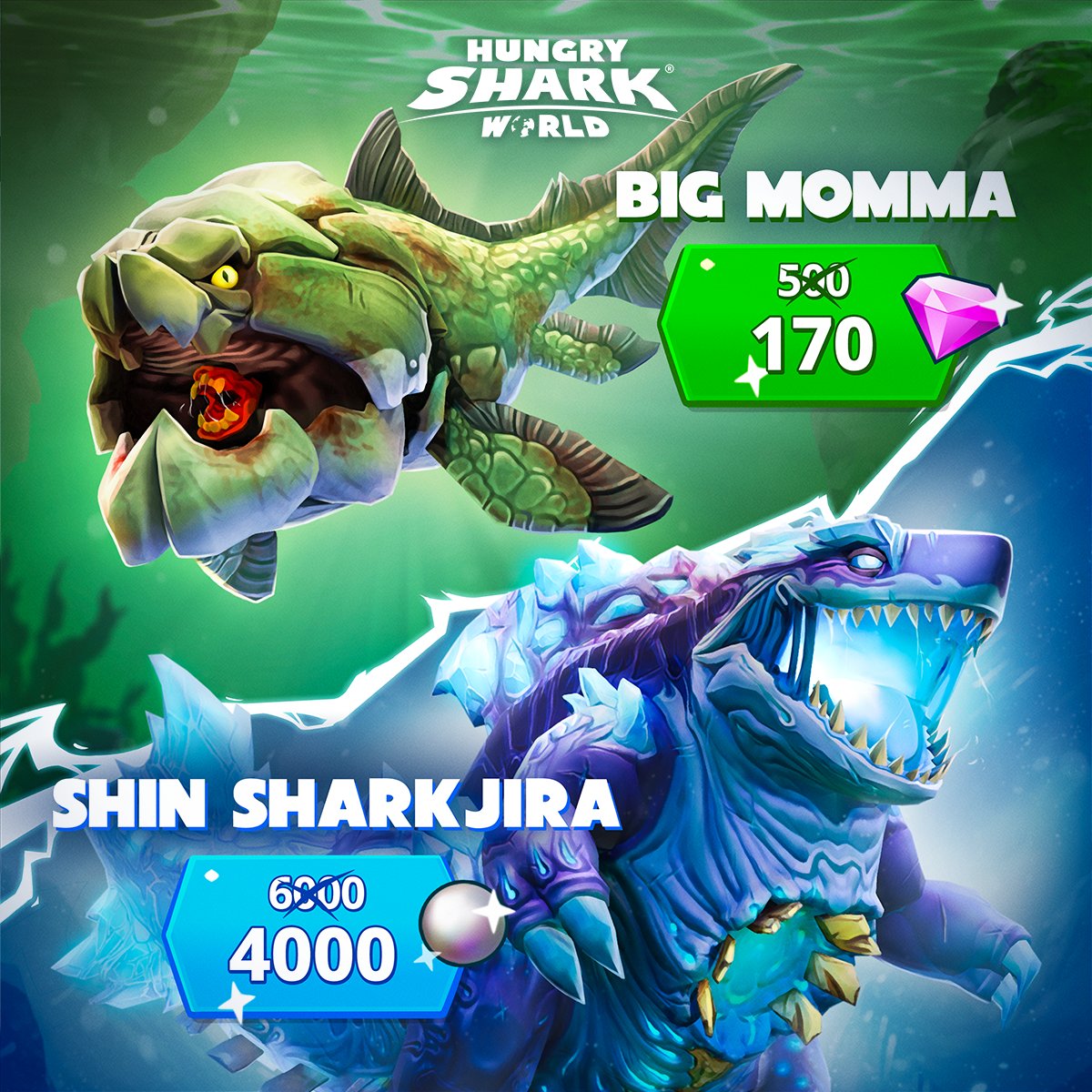 Dive into a new discount in #HungrySharkWorld! 😎 Unleash the power of Big Momma and Shin Sharkjira at a reduced price! 😱 Get them now and rule the seas! 🌊 #HSW