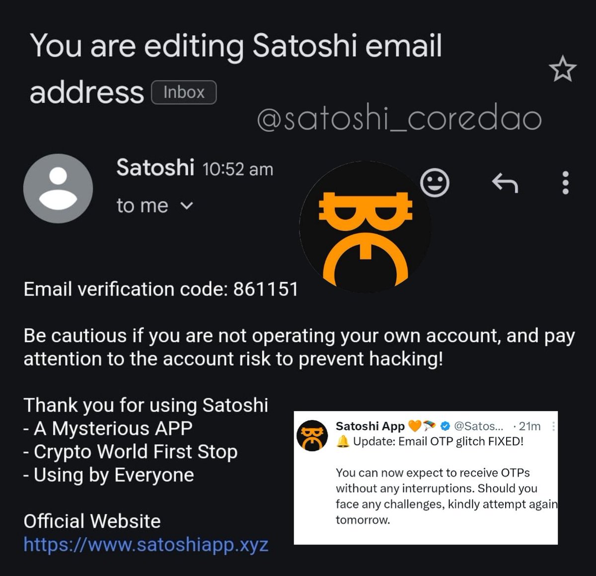 Great Decision by @SatoshiAppXYZ 🔥 Email OTP Problem Is Fixed Now 🎉 You Can Submit Your #OEXApp Address 🎁 Follow For Giveaway 👇 @SatoshiCoreXYZ 🎉🎁🎁 #OEXCommunity #OEX #SatoshiApp #CoreDAO #Giveaways #Crypto #Airdrops #BitcoinHalving2024 #agiex