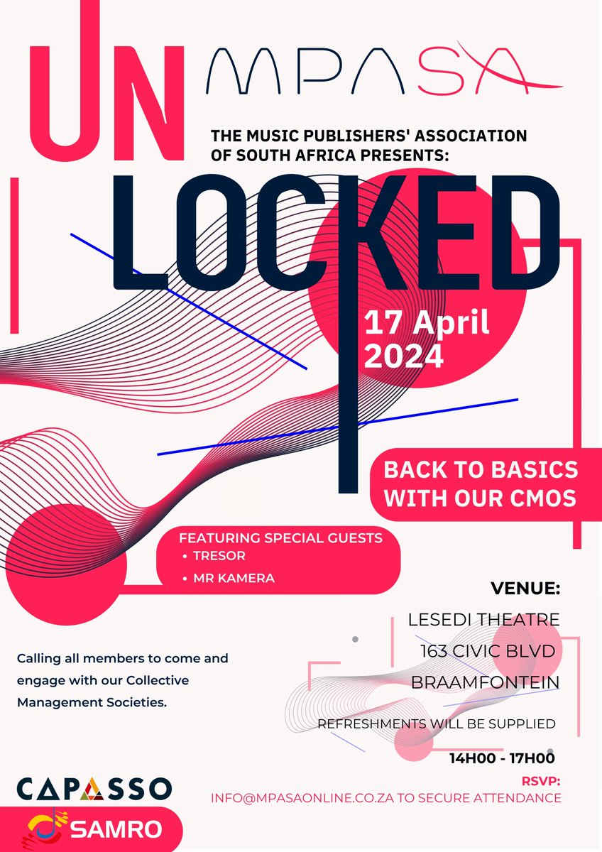 Join SAMRO's Publisher Services Manager, Eugene Goulouw this afternoon at the @joburgtheatre for the MPASA Unlocked workshop: 'Back to Basics with CMOs,' where we anticipate insightful learnings from esteemed leaders in the music industry. Your presence is highly valued. We…