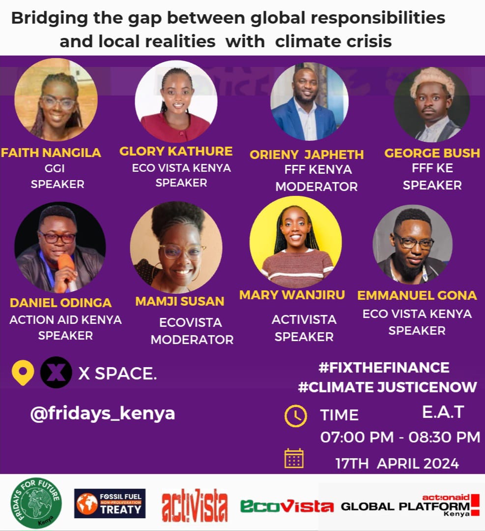 It's tonight at 7.00 pm to 8.30 pm EAT. Join us in the 𝕏 space as we deliberate on Bridging the Gap between Global Responsibilities & Local Realities with Climate Crisis. #FixTheFinance Tracking Climate Finance @ActionAid @ActionAid_Kenya @GP_Kenya @PlatformsGlobal @COP29_Az