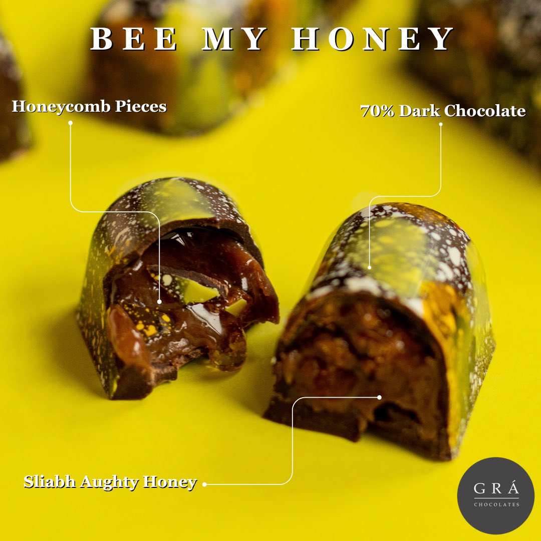 Bee My Honey under the spotlight - from our Grá Chocolates Box 🤤💛 #darkchocolate #honey #artchocolate #chocolovers