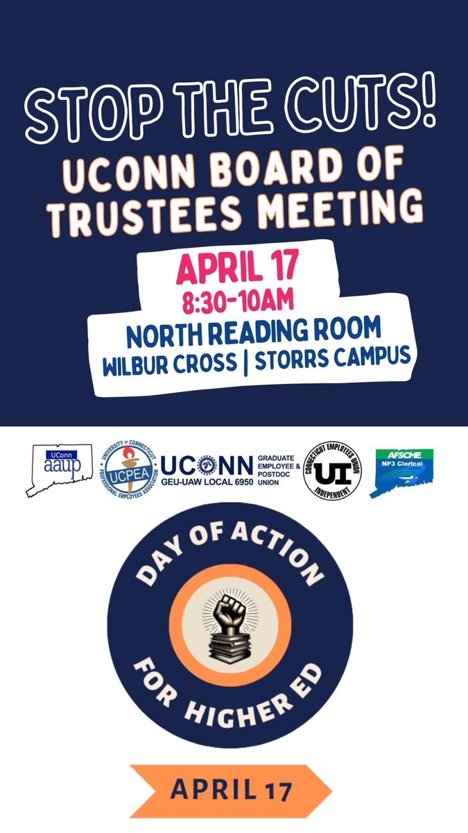 Here we go! Nat’l Higher Ed Day of Action x #stopthecuts UConn
Shout out to @UCPEA3695 @GEUUAW @AFSCMECT4 @UConnAAUP @CEUI_SEIU_511 @AFTCT 💥 Our Campus Runs on Union Power 💥