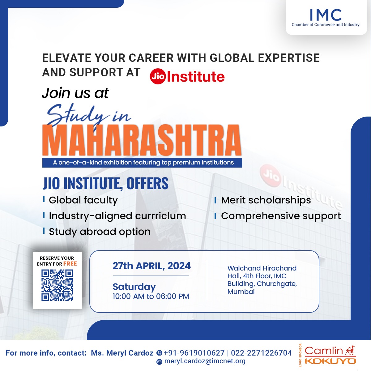 Join us at the #StudyInMaharashtra Exhibition and connect with Jio Institute to enhance your career with global expertise! 🗓️ 27th April, 2024 🕰️ 10:00 AM - 06:00 PM 📍 Walchand Hirachand Hall, 4th Floor, IMC Building, Churchgate, Mumbai Register At: imcnet.org/events-2267