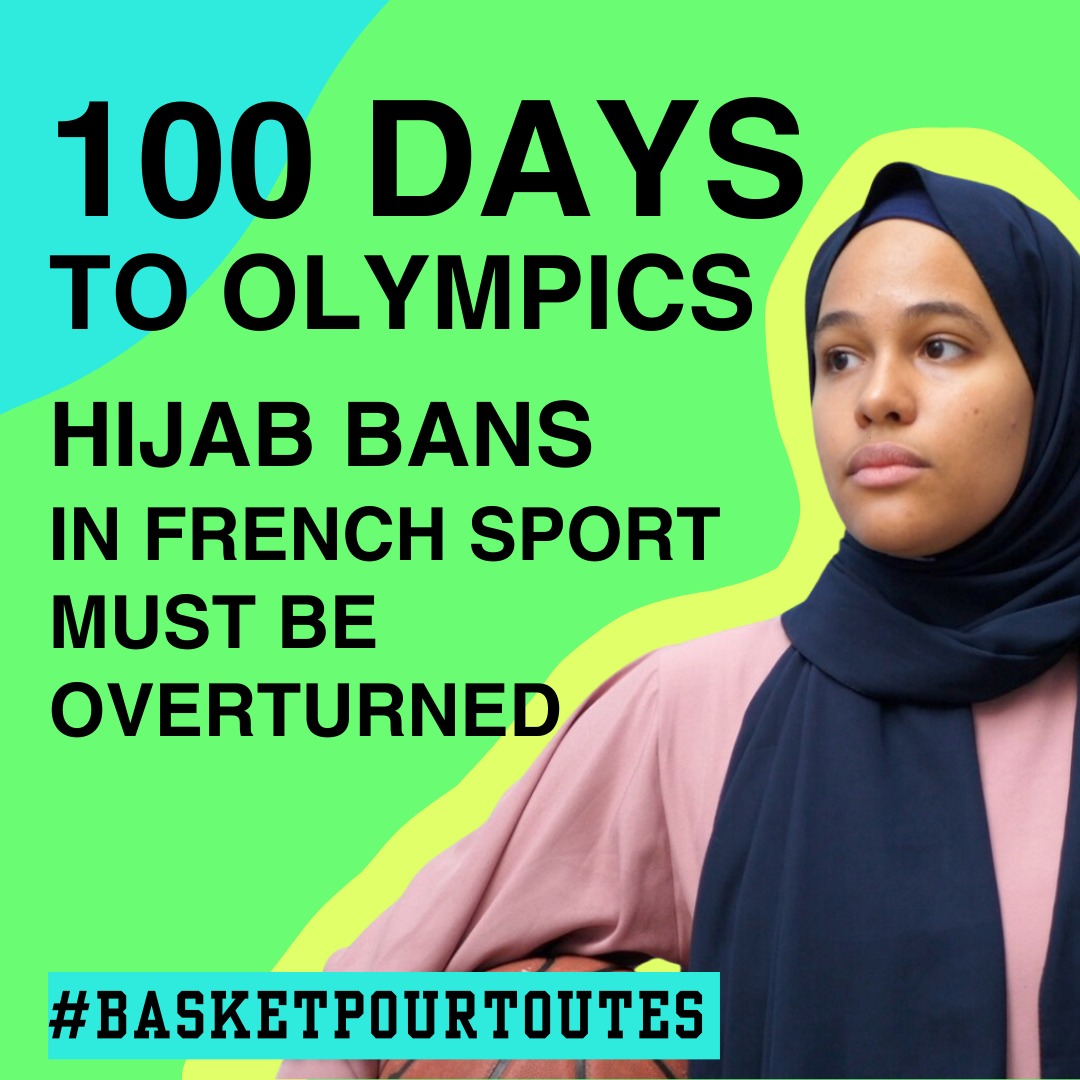 🚨🚨🚨 With only #100days left until the 2024 Paris Olympic &amp; Paralympic Games, we call on #France + French sports federations to overturn all hijab bans &amp; stop discriminating against Muslim women + girls.

👉 sportandrightsalliance.org/france-ensure-…
#Paris2024 #Olympics #100days