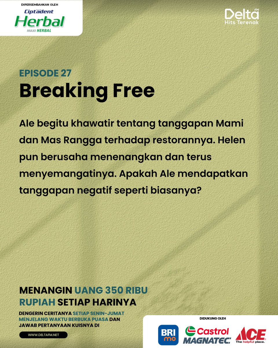 Walaupun udah gak musim lebaran, tapi mimin masih bagi-bagi THR loh~

Jawab ini dulu tapi;
Bagaimana perasaan Mas Rangga dan Mami Ale saat melihat restoran Ale?
A. Merasa sedih
B. Merasa bangga

Jawabnya di deltafm.net yaa! Semoga kamu yang beruntung~ ✨

#TheStories4