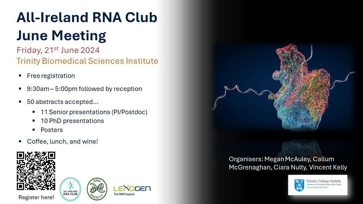 Very exited to announce the second mini-conference of our All-Ireland RNA club on the 21st of June @tcddublin. Registration is free and everyone interested in RNA Biology is welcome. Registration details below. @RNASociety @lexogen sponsored presentation awards for ECRs too!