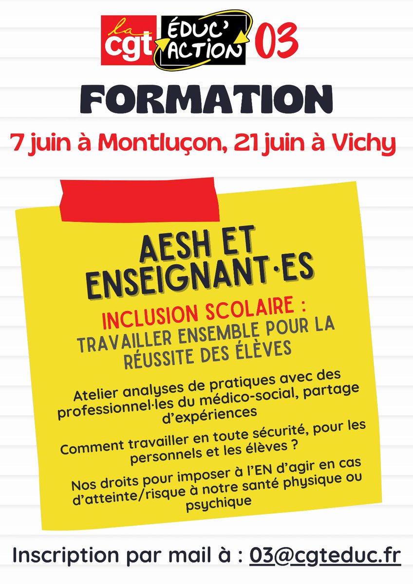 03_cgt's tweet photo. Formez vous, protégez vous !
Inscrivez-vous au moins un mois avant !
Vous avez droit à 12 jours de formation par an, syndiqué ou non, titulaire ou non.
#Santé #ConditionsDeTravail #RSST #F3SCT
Inclusion scolaire, comment travailler ensemble.
#AESH #Enseignants @cgt_educ https://t.co/7LeCvEhKdo