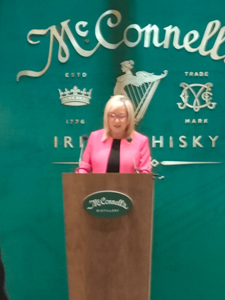 Five Executive ministers at today's opening of McConnells' Distillery and visitor centre at Crumlin Road Gaol. First Minister Michelle O'Neills praises the 'entrepreneurial spirit (pun intended)' which has made the project reality