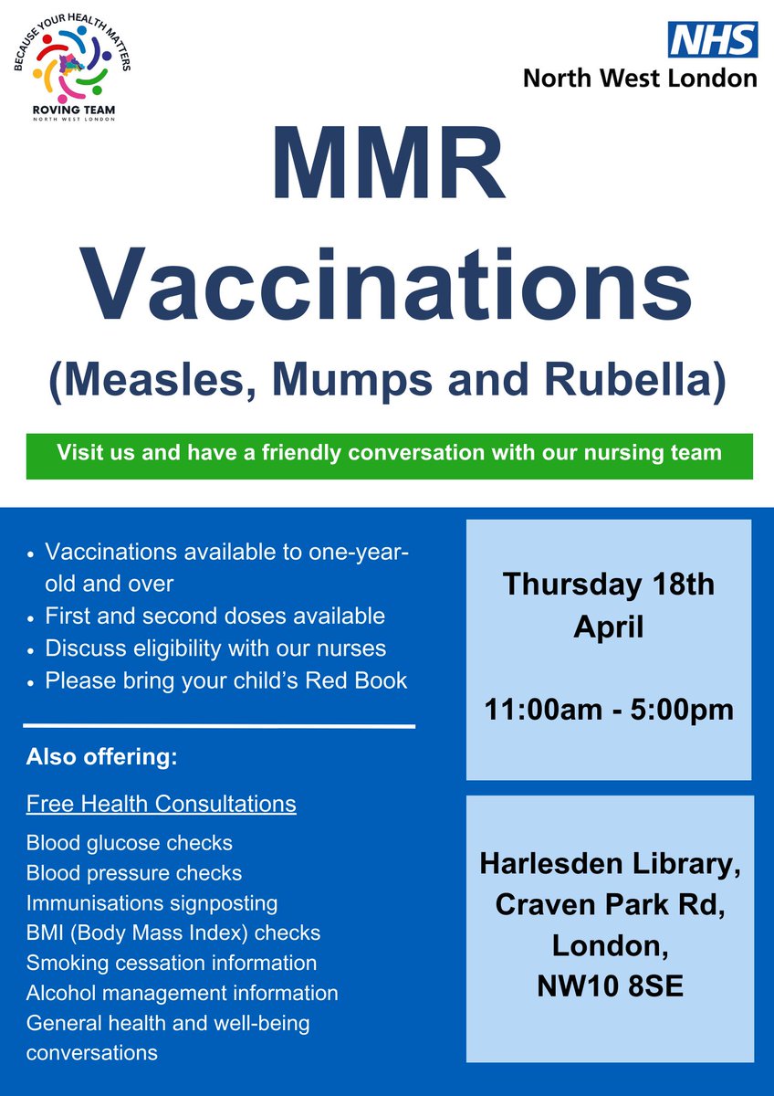 The Mobile Health Bus is making a stop outside Harlesden Library TOMORROW! 🚌 Visit the bus to get a FREE health check and to chat with our clinicians💙 Measles, flu and polio vaccinations will also be available😊