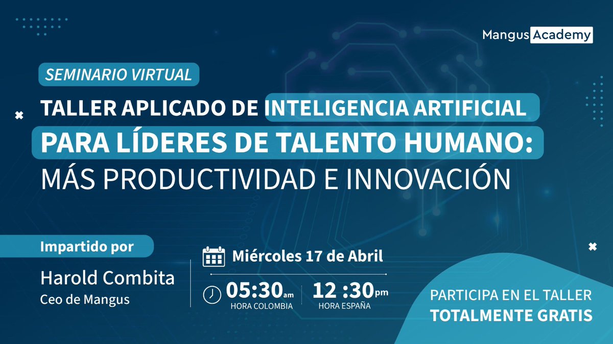 ¡Estamos EN VIVO! Taller aplicado de Inteligencia Artificial
para líderes de talento humano:
Más productividad e innovación : Link de transmisión: 
meet.google.com/xep-tpgs-yag?u…