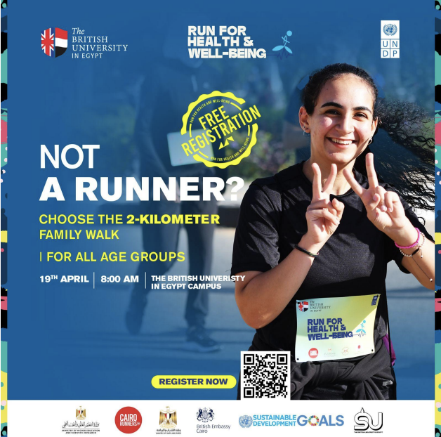 Not in the mood for running? Join us for a 2km family walk & step towards better #MentalHealth & Well-Being. In partnership with @UNDPEgypt & @CairoRunners, @bueofficial hosts this event. 📅 : 19th April, 2024 📍: The British University in Egypt Apply: shorturl.at/gosB5