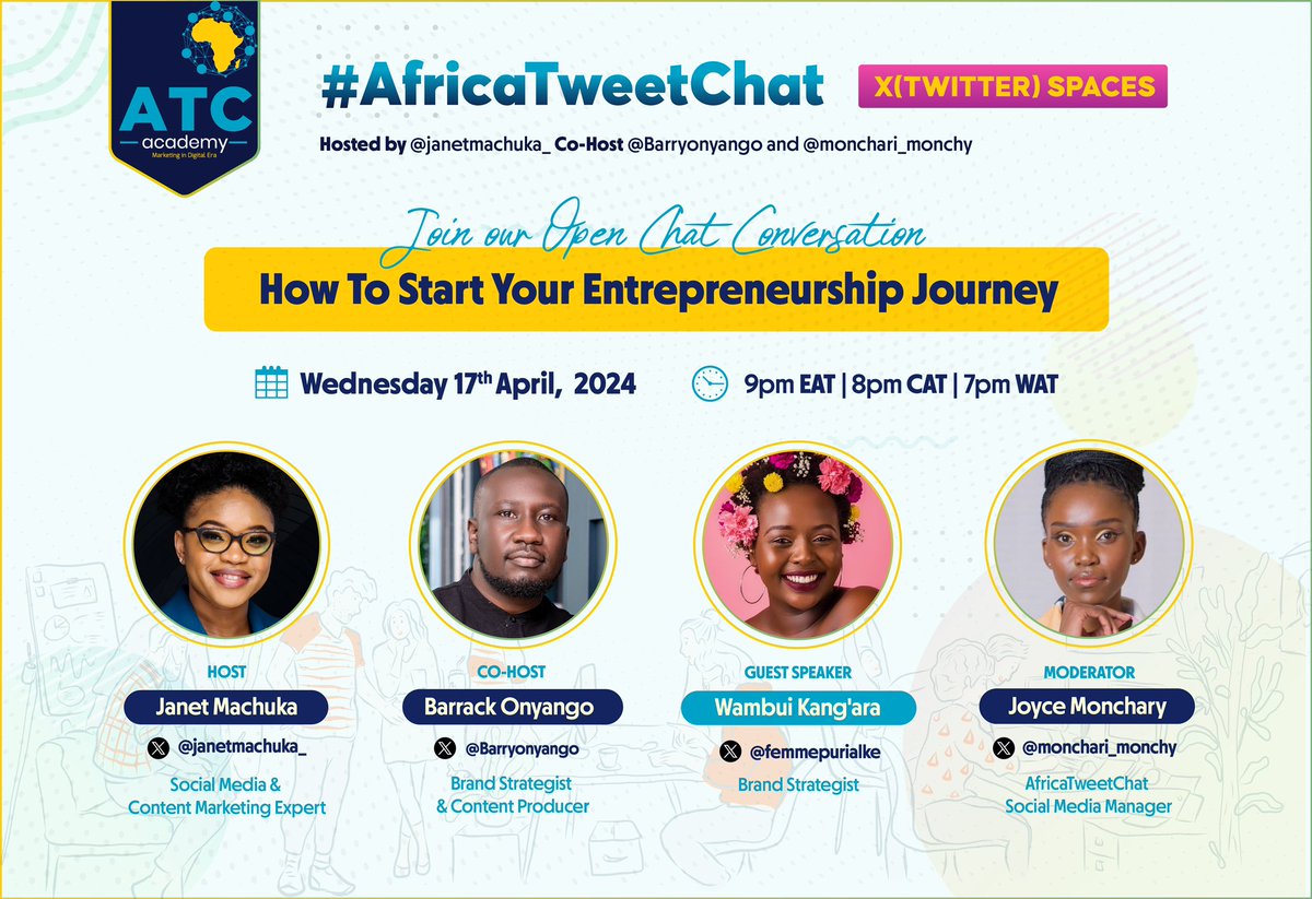 Anyone out there finding it hard to kick start his/her entrepreneurship journey? 

Wambui Kang’ara from @femmepurialke will be taking us through this session tonight, twitter.com/i/spaces/1lPKq… #AfricaTweetChat