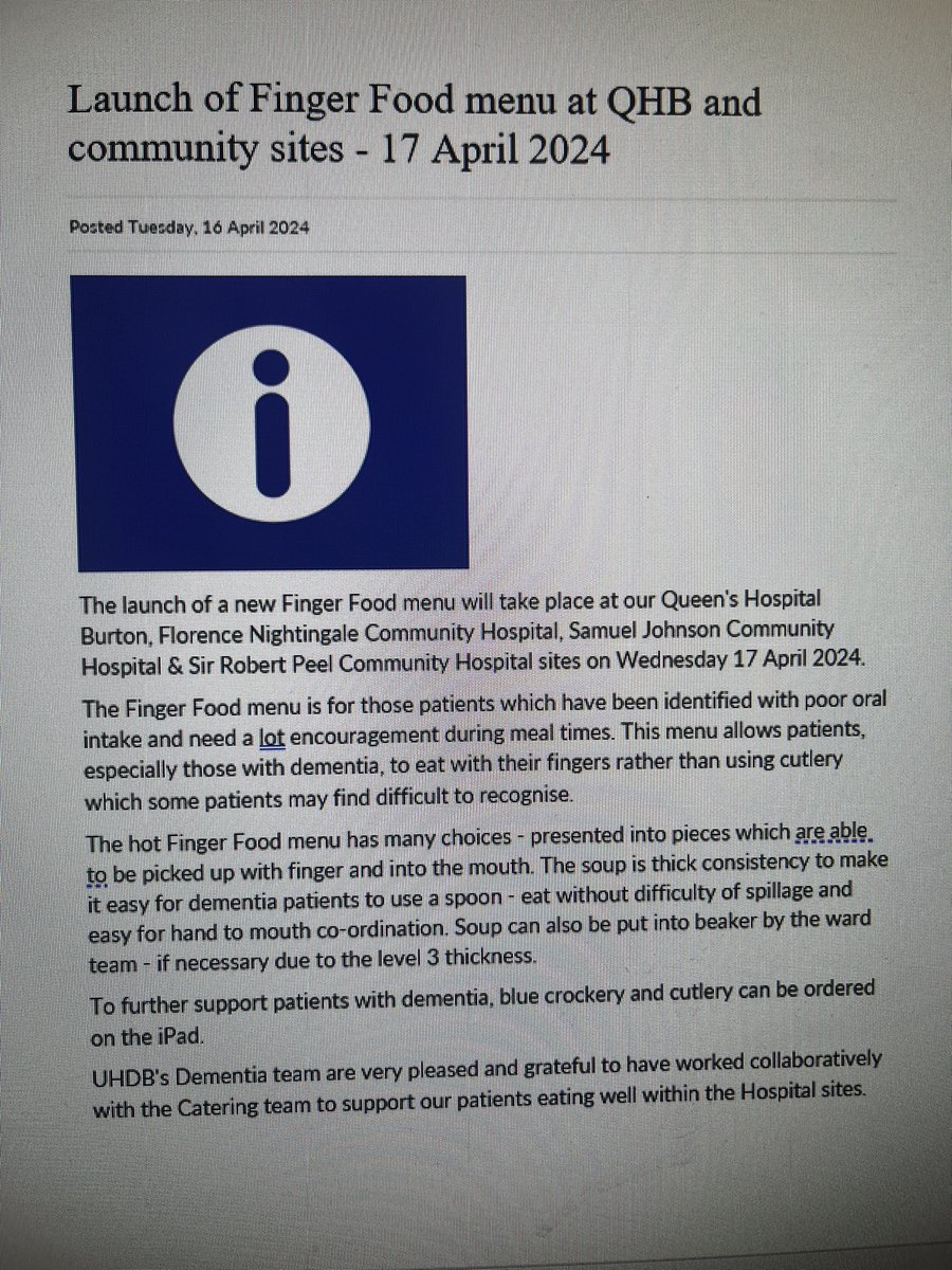 UHDB trust will now have hot finger food menu for patients at all sites. @charlottekawal1 @UHDB_DME @UHDBDietetics @PDTUHDB @UHDBTrust @UHDB_PatientExp @markhil75770073 @UHDB_LRCH