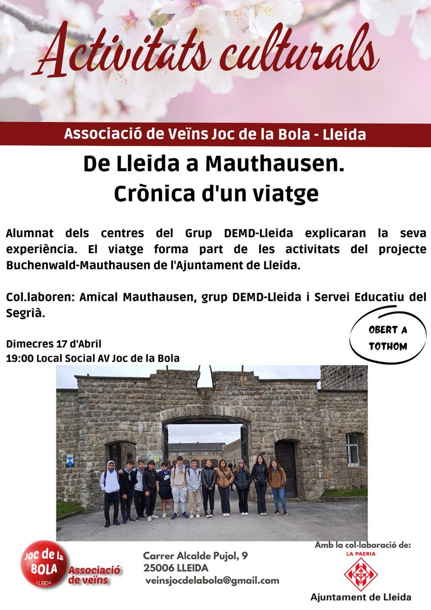 Recordeu que aquesta tarda tenim una cita a @VeinsBola, per conèixer el viatge a Mauthausen que un grup d’estudiants de Lleida van fer l’any passat als actes de commemoració de l’alliberament d’aquest camp de concentració. No us ho perdeu!