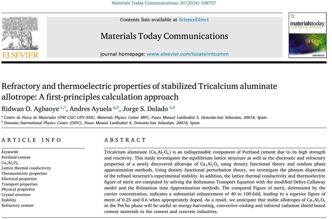 C2M_group's tweet photo. C2M colleagues investigate the structural, electronic, and thermoelectric properties of a newly discovered allotrope of tricalcium aluminate using DFT. They predict enhanced figure of merit, showing promise for cementitious energy harvesting applications.
https://t.co/UhzUqH2LFZ https://t.co/UFLRZq67ta