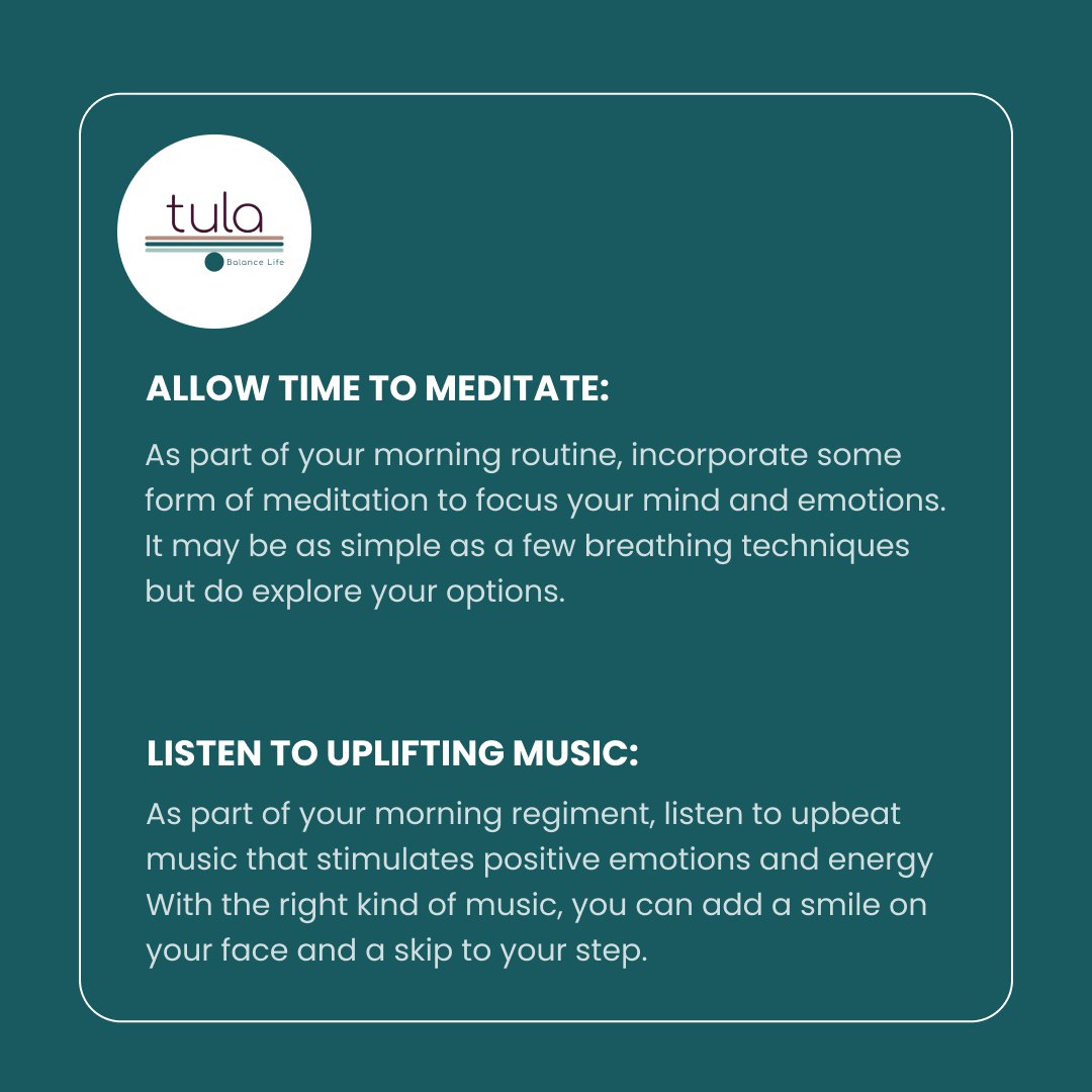 Start your day with mindfulness, stretching, and a nutritious breakfast to fuel your mind and body. Set clear intentions and prioritize tasks for a productive day ahead.

#tulawellnesshub #morningritual #productiveday #MindandBody #WellnessJourney #meditation #music #eathealthy