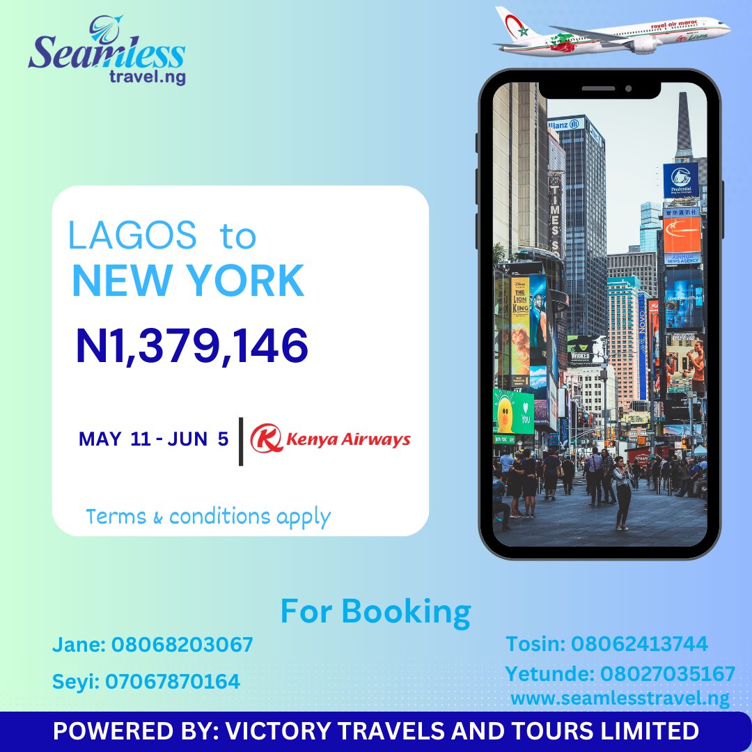 Get the cheapest flight available to your choice destination.

You pay today at a cheaper rate and travel later.

Book on seamlesstravel.ng

#Travel #Flight #FlightDeal #FlightBooking #OnlineBooking