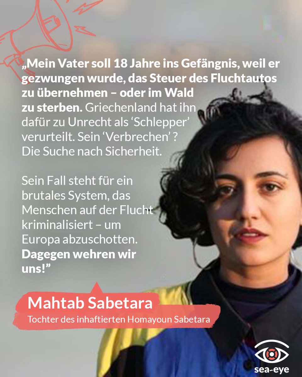 My father is to spend 18 years in prison because he was forced to take the wheel of the car transporting People on the Move - or die in the forest. Greece wrongly condemned him as a 'smuggler'. His 'crime'? The search for safety. @seaeyeorg #FreeHomayoun #safemigration