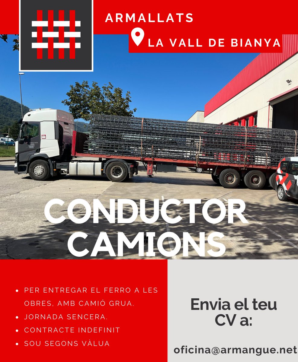 GrupArmangue's tweet photo. Per la nostra delegació de La Vall de Bianya, necessitem incorporar un conductor de camions. #oferta #feina #ofertalaboral #OfertaFeina https://t.co/5Tfmq6Vqp8