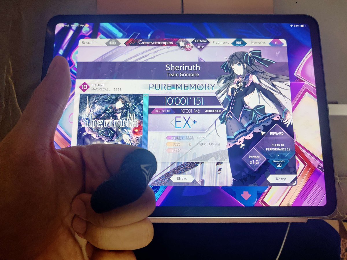 #arcaea 
Sheriruth Max…

???????????
WHAT THE FUCK LOL I STARTED WITH -14 TODAY AND I WAS PLANNING TO JUST GRIND FOR SUB-5 HOW DID WE GET HERE LMAOOOO THIS IS INSANE I’M STILL IN DISBELIEF WHAT