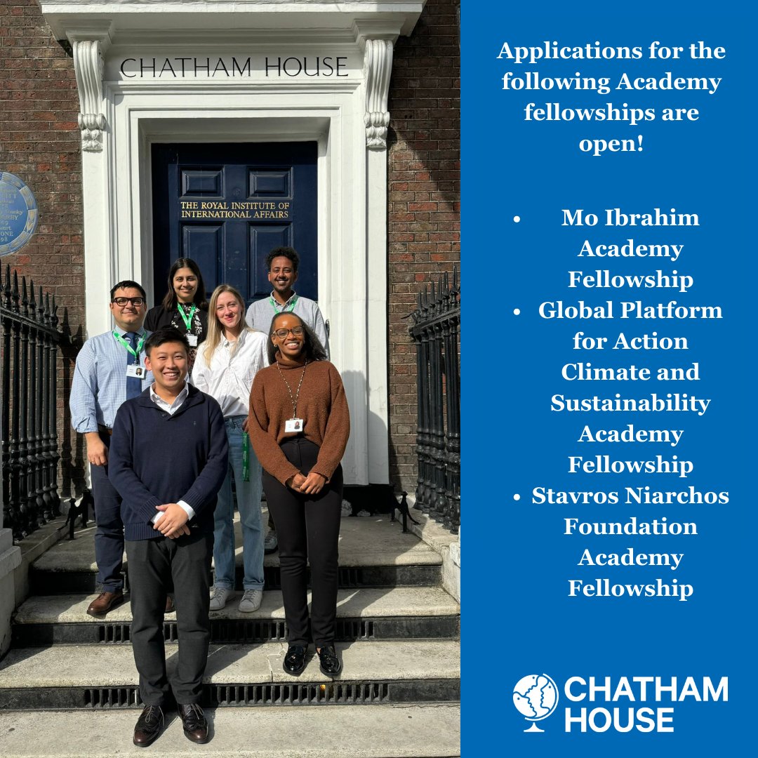 Applications for these @chathamhouse_org Academy fellowships are open: ➡ Mo Ibrahim Foundation Academy Fellowship ➡ Global Platform for Action Climate and Sustainability Academy Fellowship ➡ Stavros Niarchos Foundation Academy Fellowship Apply here: chathamhouse.org/about-us/caree…👇