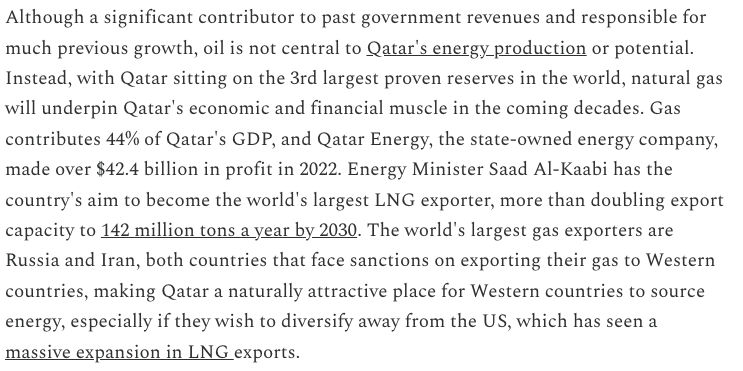 This week Kitstack covers Qatar - its rulers, foreign relations and most important export - gas. Betting against the IEA and expert consensus, Qatar is increasing LNG export capacity, perhaps because it thinks the European renewable energy transition will not be smooth sailing