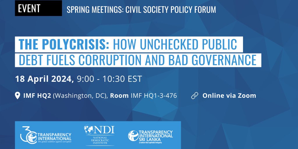 Tomorrow! 🔵 @anticorruption and @NDI will present at the Spring Meetings' Civil Society Policy Forum useful tools to empower civil society & accountability actors to demand transparency & encourage oversight of public debt. Join us in person or online ➡️ anticorru.pt/2Ya