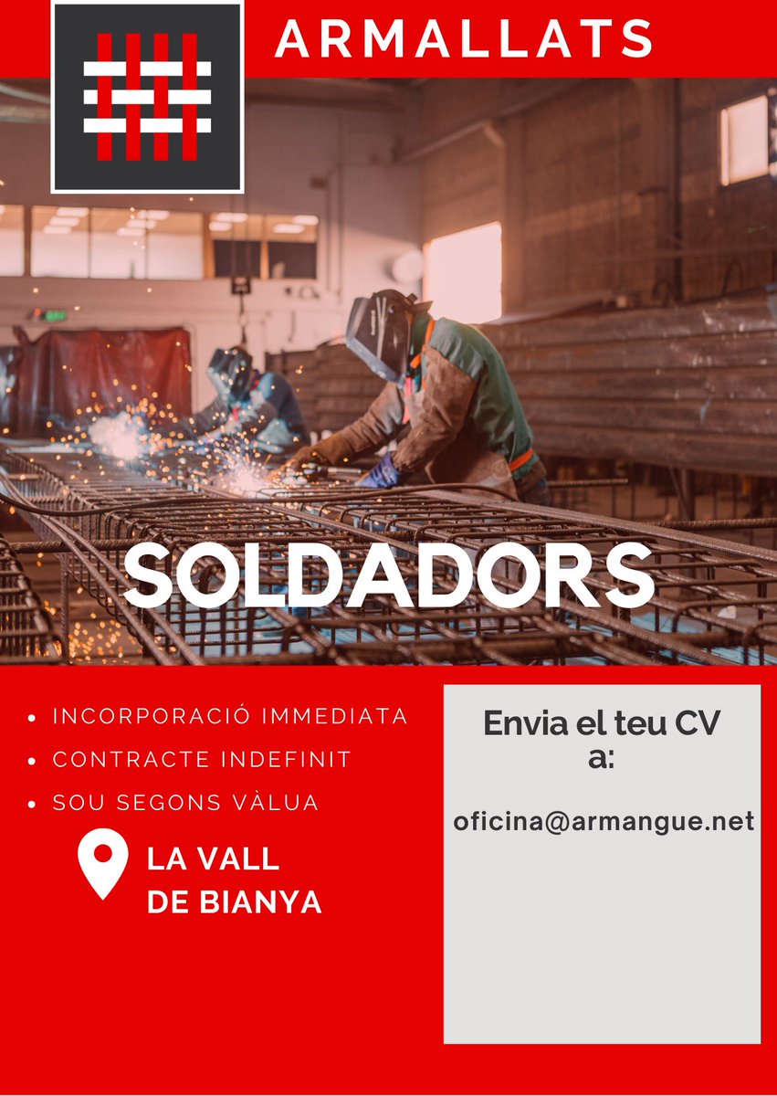 GrupArmangue's tweet photo. Per la nostra delegació de La Vall de Bianya, necessitem incorporar soldadors #oferta #feina #ofertalaboral #OfertaFeina https://t.co/w12SBiXyAy