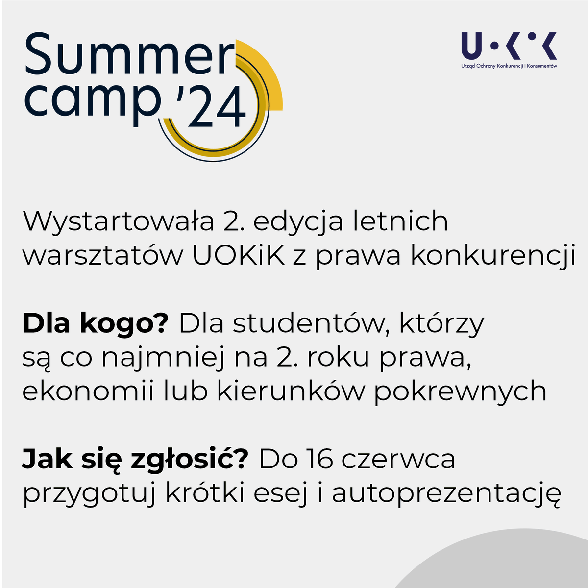 🟡 Wystartowała 2. edycja letnich warsztatów Summer Camp UOKiK ’24 🗓️ To 5 dni dzielenia się wiedzą, inspiracji, poznawania #UOKiK 👉 Zgłoszenia do 16 czerwca 🔗 Szczegóły: uokik.gov.pl/konkursy #SummerCamp #Edukacja