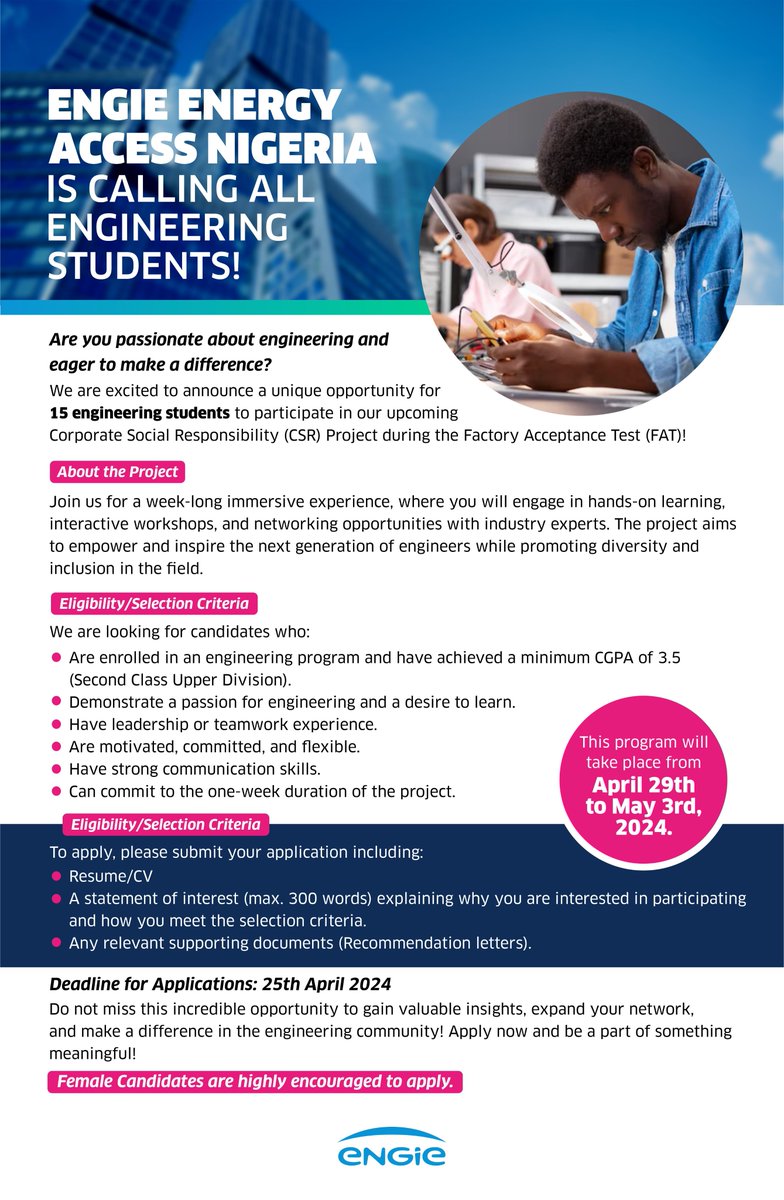 We're building a sustainable future, together!

Join <a href="/MySolNigeria/">MySol Nigeria</a> for a 1-week immersive program &amp; empower the next generation of #engineers!

Click to apply: rb.gy/ixf78f

Applications close April 25th! #ENGIEEnergyAccess #RenewableEnergy #Engineering #MySol
