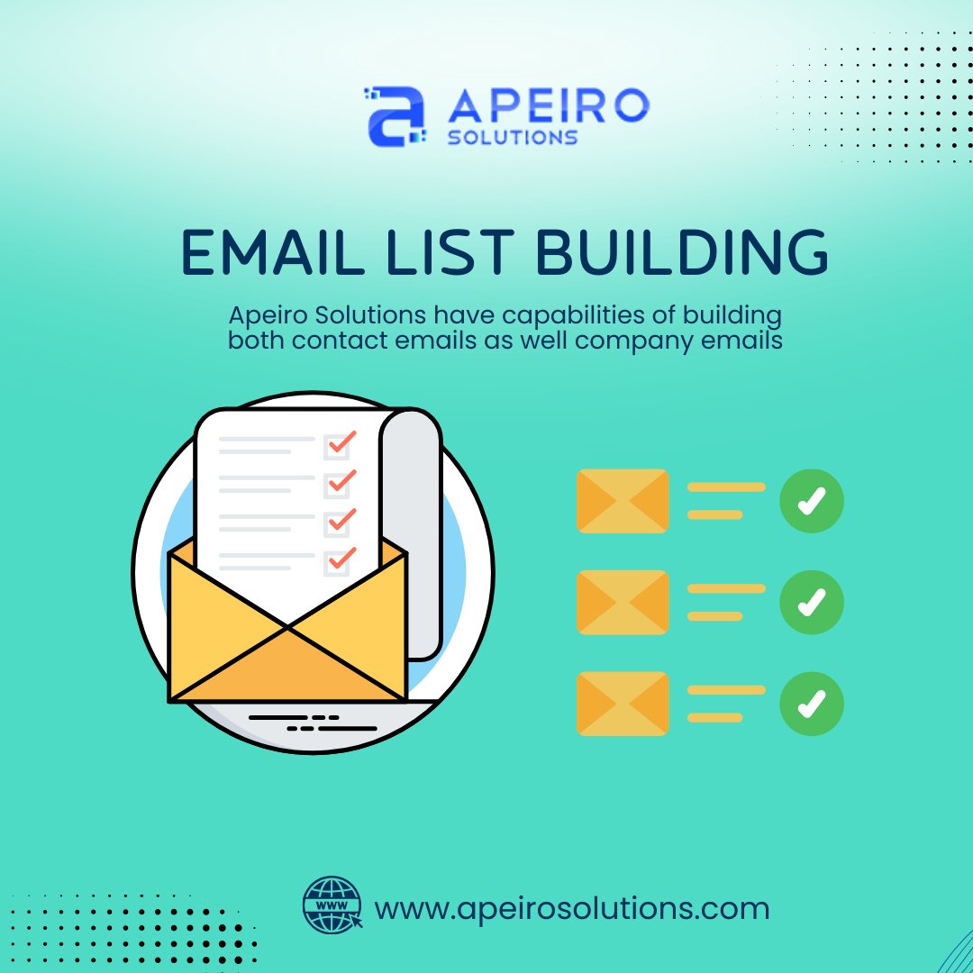 Excited to share how Apeiro Solutions revolutionizes email list building! Maximize your reach and engagement with our cutting-edge strategies. 
#EmailMarketing #DigitalStrategy #MarketingTips #LeadGeneration #BusinessGrowth #ApeiroSolutions #InnovativeSolutions #EmailListBuilding