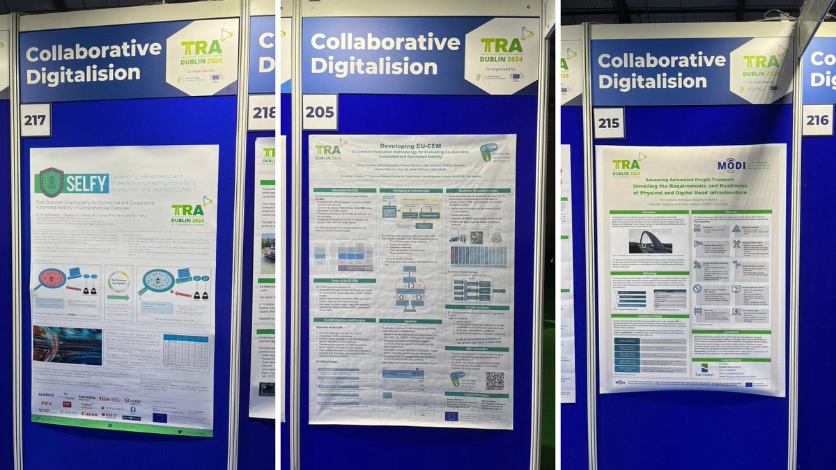 Some of the #CCAM projects, among other <a href="/MODI_CCAM/">MODI 🇪🇺</a> <a href="/Selfy_EUProject/">SELFY EU PROJECT</a> and #Fame (<a href="/Europe_CAD/">Connected Automated Driving (CAD)</a>), are exhibited in the poster area. 
Go and check them out.
#TRA2024