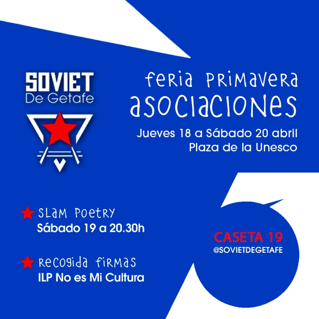 🎉Este fin de semana estaremos en la Feria de Asociaciones de Getafe🎉

📆 Jueves y viernes por las tardes y el sábado durante todo el día.
📍 Frente a la estación de Getafe Centro.

🔴 El sábado a las 19:00 horas tenemos <a href="/SlamGetafe/">Slam Poetry Getafe</a>  en plena calle.

¡No te lo puedes perder!
