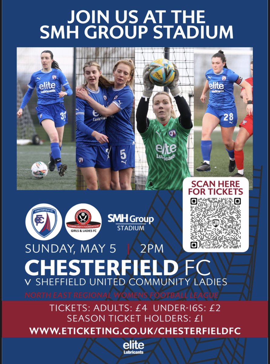 women_cfc's tweet photo. We are delighted to share the details for our game at the SMH🤩

🆚Sheffield United Community Ladies 
🗓️ 05/05/24
⏰2PM
🏟️SMH Group Stadium
📍S41 8NZ
💷Ticket Price Details Below⬇️

(Please note more blocks will become available once FS1 is nearly sold out)

@ChesterfieldFC https://t.co/exXACJbpr8