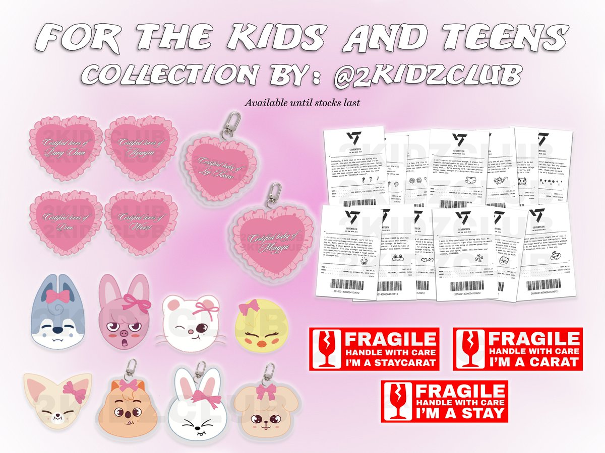 ✩ 𝗳𝗼𝗿 𝘁𝗵𝗲 𝗸𝗶𝗱𝘀 𝗮𝗻𝗱 𝘁𝗲𝗲𝗻𝘀 𝗰𝗼𝗹𝗹𝗲𝗰𝘁𝗶𝗼𝗻 ✩

💌 stray kids and seventeen stickers and keyrings
🎀 price starts at ₱30
💝 until stocks last!

order here: form.jotform.com/240993984668479