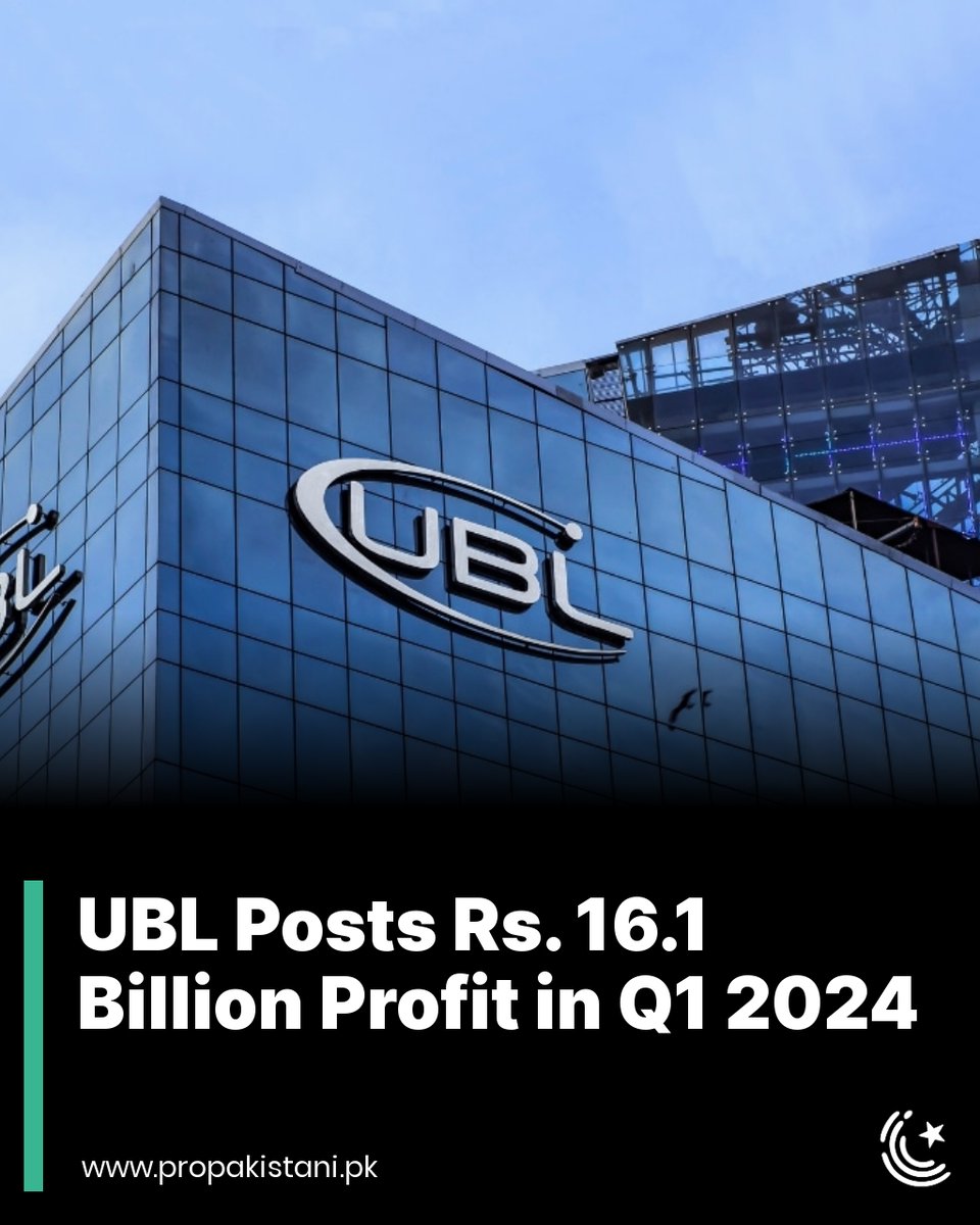 United Bank (UBL) posted consolidated earnings of Rs. 16.1 billion during the quarter that ended on March 31, 2024, up 12 percent year-on-year (YoY) and 19 percent QoQ. Read More: propakistani.pk/2024/04/17/ubl…