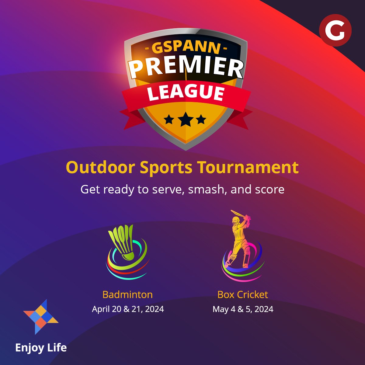 We are thrilled to announce the #GSPANN Premier League – #OutdoorSports Tournament organized by our Antarnad sports club.

The tournament will feature two games: #Badminton and #Box Cricket! 

Let the games begin! 

#LetsCoCreate #OutdoorSports #SummerFun #SportsFever #EnjoyLife
