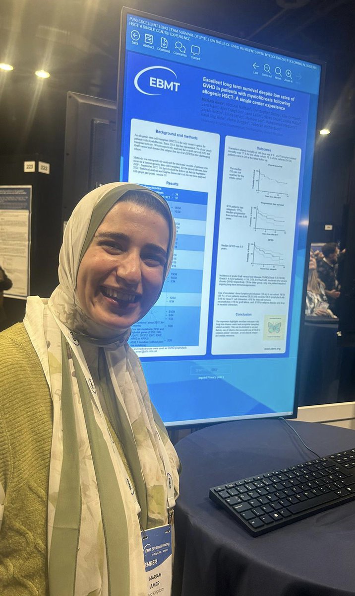 WessexBMTCT's tweet photo. ⭐️🙌🏽Consultant in haematology and transplant, Dr Mariam Amer, with her e-poster @ #EBMT24 reporting excellent long term survival for patients with myelofibrosis and low rates of GVHD following donor HSCT @UHSFT ⭐️🙌🏽 https://t.co/fA8T52g5qE