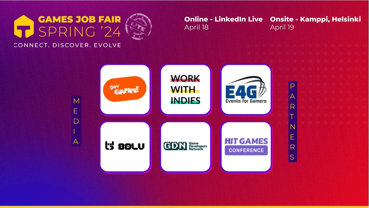 More of our wonderful Media Partners for #GamesJobFair Spring 2024 LITE. You're all the GOAT!

❤️ @devGAMM, @WorkWithIndies, @eventsforgamers, @80Level, @GDNTweets, HIT Games Conference ❤️

Event page: tinyurl.com/GJFS24LITE
Website: gamesjobfair.com

#gamedev #gamejobs