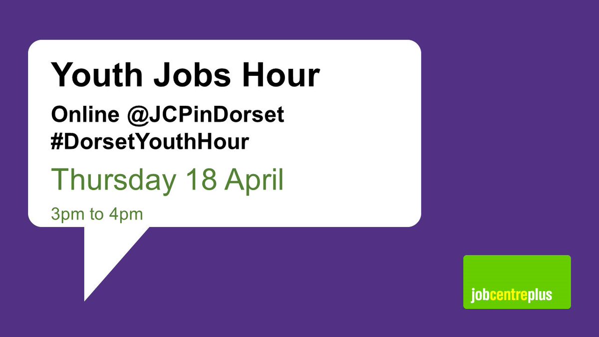 Tomorrow, the latest weekly online Youth Jobs Hour.

Follow the hour for #Apprenticeships, #DorsetJobs and #Advice.. 
or catch up later via hashtag #DorsetYouthHour. 

Thursday 18 April 2024, 3pm to 4pm here @JCPinDorset

Take a Look 👀