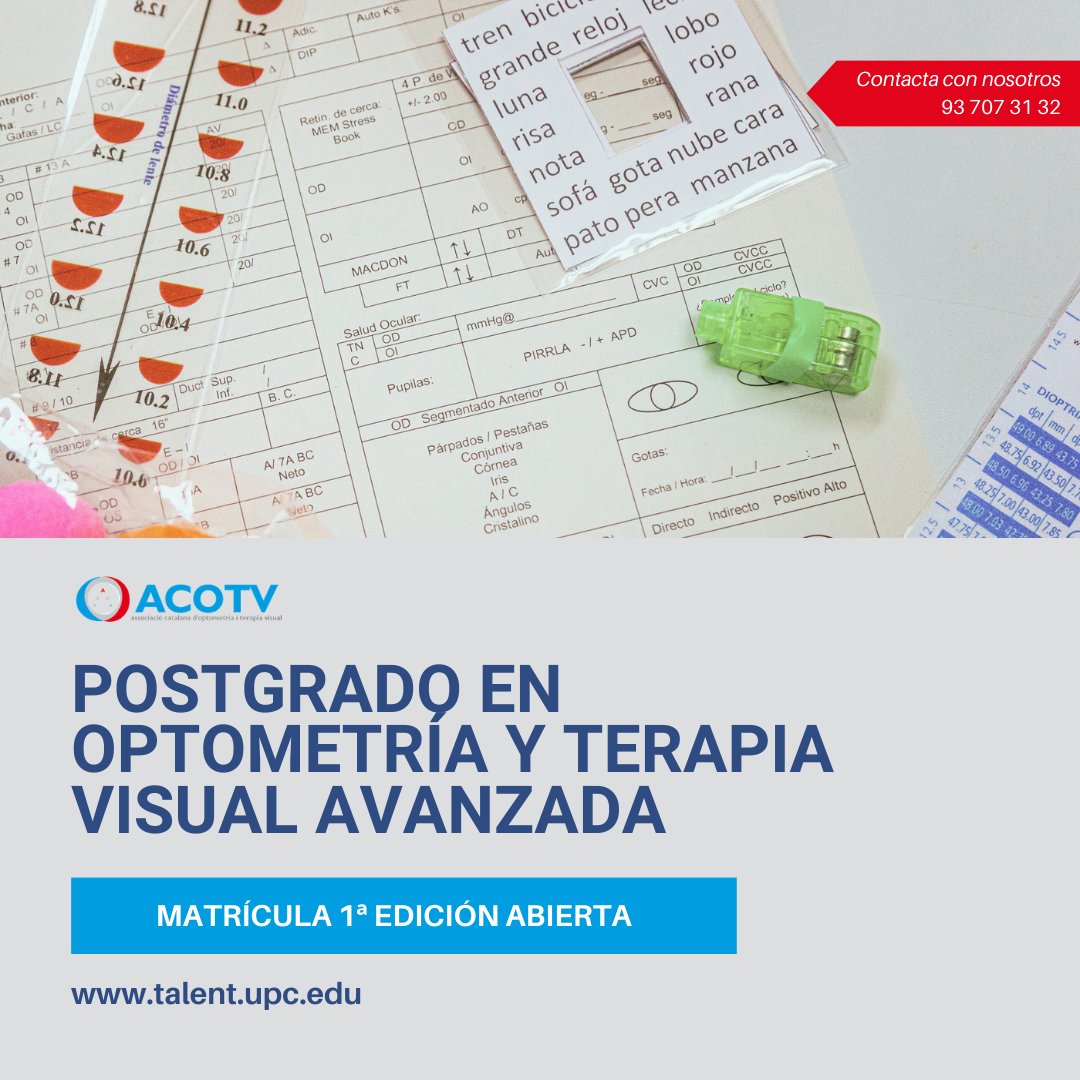 ACOTV's tweet photo. 🔍👓 Ets professional de l'òptica i vols especialitzar-te en teràpia visual i diagnòstic avançat? El nostre postgrau està dissenyat per millorar les teves habilitats clíniques, actualitzar coneixements i abordar casos més complexos a la teva pràctica diària. 
+ INFO 93 707 31 32 https://t.co/U6ewmC2tOD