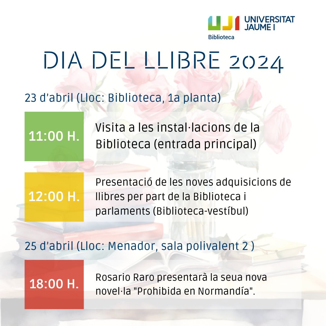 Ací teniu tots els actes per al Dia del Llibre 2024:
📅23 d'abril
11 h. Visita a la Biblioteca🏢
12 h. Presentació d'#AdquisicionsUJI📚
📅25 d'abril
18 h. <a href="/rosarioraro/">Rosario Raro</a> ens presentarà la seua nova novel·la: "Prohibida en Normandía"🗣️(Menador)
Us hi esperem!
#LaBibliotecaUJIambTu