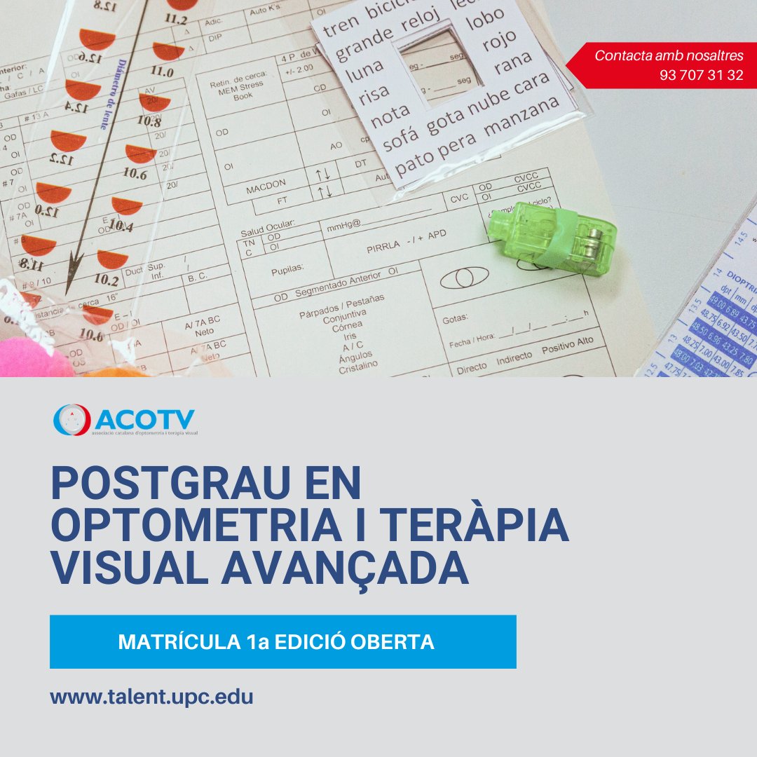 ACOTV's tweet photo. 🔍👓 Ets professional de l'òptica i vols especialitzar-te en teràpia visual i diagnòstic avançat? El nostre postgrau està dissenyat per millorar les teves habilitats clíniques, actualitzar coneixements i abordar casos més complexos a la teva pràctica diària. 
+ INFO 93 707 31 32 https://t.co/U6ewmC2tOD
