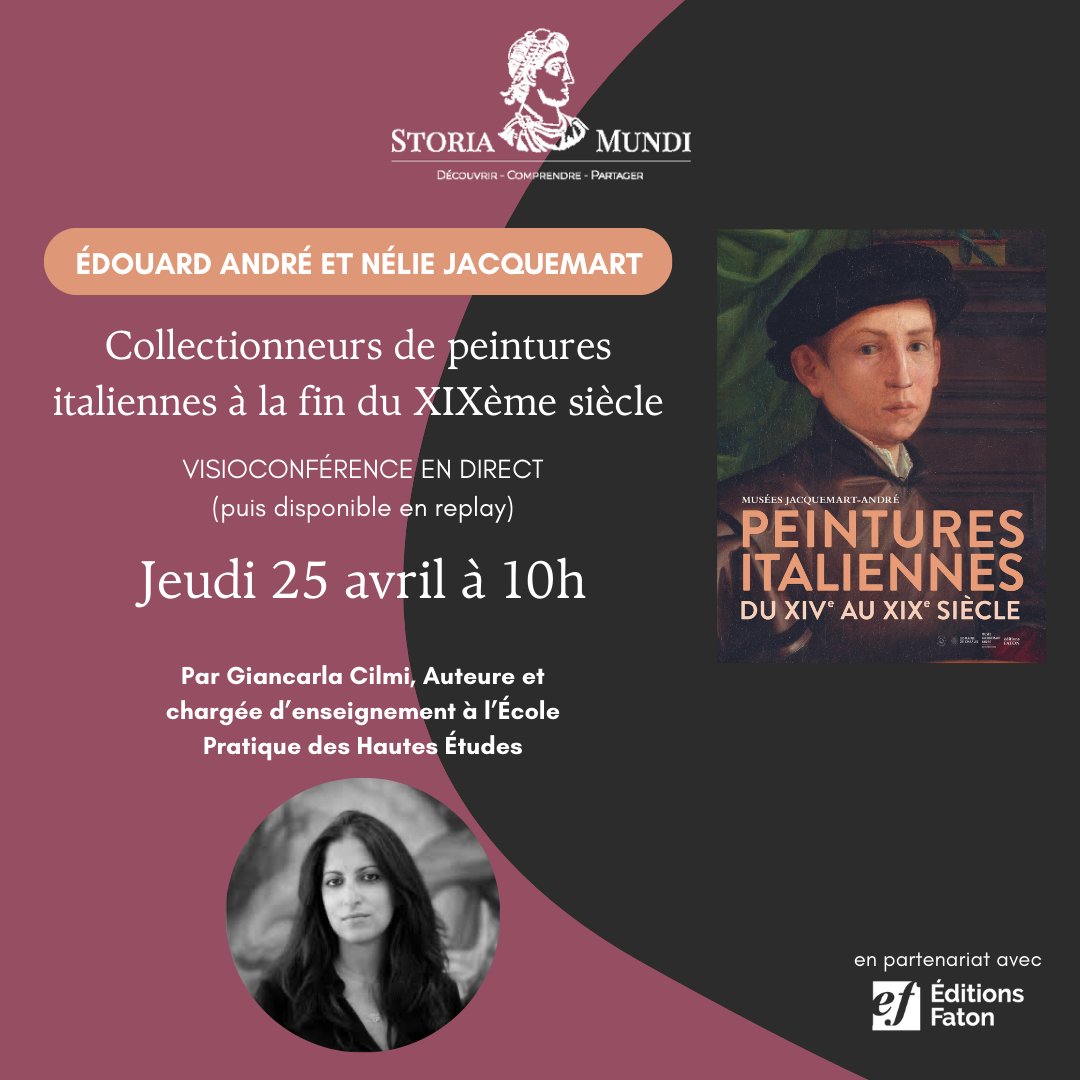 VISIOCONFÉRENCE 👩🏻‍💻 Storia Mundi x @EditionsFaton 💬 Edouard André et Nélie Jacquemart : collectionneurs de peintures italiennes à la fin du XIXe siècle 🗓️ Jeudi 25 avril 10h - Direct + Replay par Giancarla Cilmi Inscription gratuite 👉 bit.ly/conference-25A… @jacquemartandre