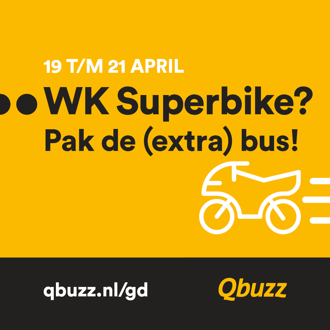 Goed om te weten: van vrijdag 19 april t/m zondag 21 april vindt het 32e WK Superbike op het TT-circuit van Assen plaats. Voor de bezoekers van dit evenement rijden we met stadslijn 1 extra ritten. Plan je reis met onze reisplanner of kijk op qbuzz.nl/gd/superbike.