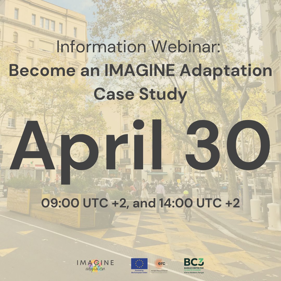Plz retweet & share: Are you a city working on adaptation M&E? Join our webinar to find out how to become an IMAGINE adaptation case study! 📅 April 30, 2024 🕧 9:00 – 10:30 CEST/UTC+2 OR 14:00-15:30 CEST/UTC+2 🗊 Register: info.bc3research.org/comunicacionin… ℹ️ imagineadapt.bc3research.org/event/informat…