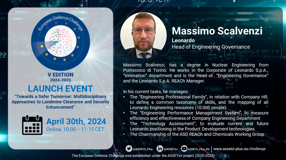 📌 #EuropeanDefenceChallenge 5th edition Launch Event: Massimo Scalvenzi from @Leonardo_live, will be one of the speakers. Join us and discover all the details of this new edition! 
🗓️April 30th, 10:00-11:15 CET ⏯YouTube Streaming
👉assets-plus.eu/challenge
#EUDefenceIndustry