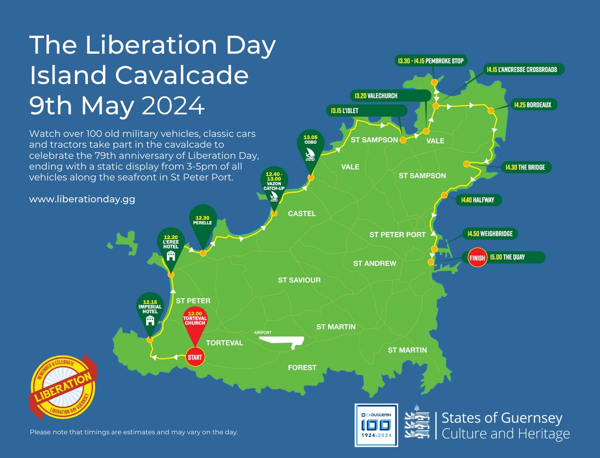 The route for this year’s cavalcade has been confirmed, with more than 100 military vehicles, classic cars and tractors taking part. Read more at gov.gg/Route-for-Libe…