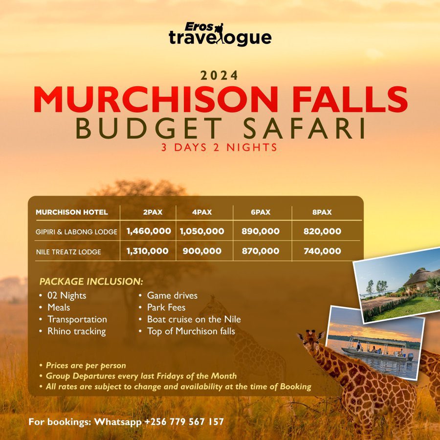 🚨Murchison Falls Safaris Group Departures 🔔April 26th- 28th 8 Slots available For Bookings call: 0759046262