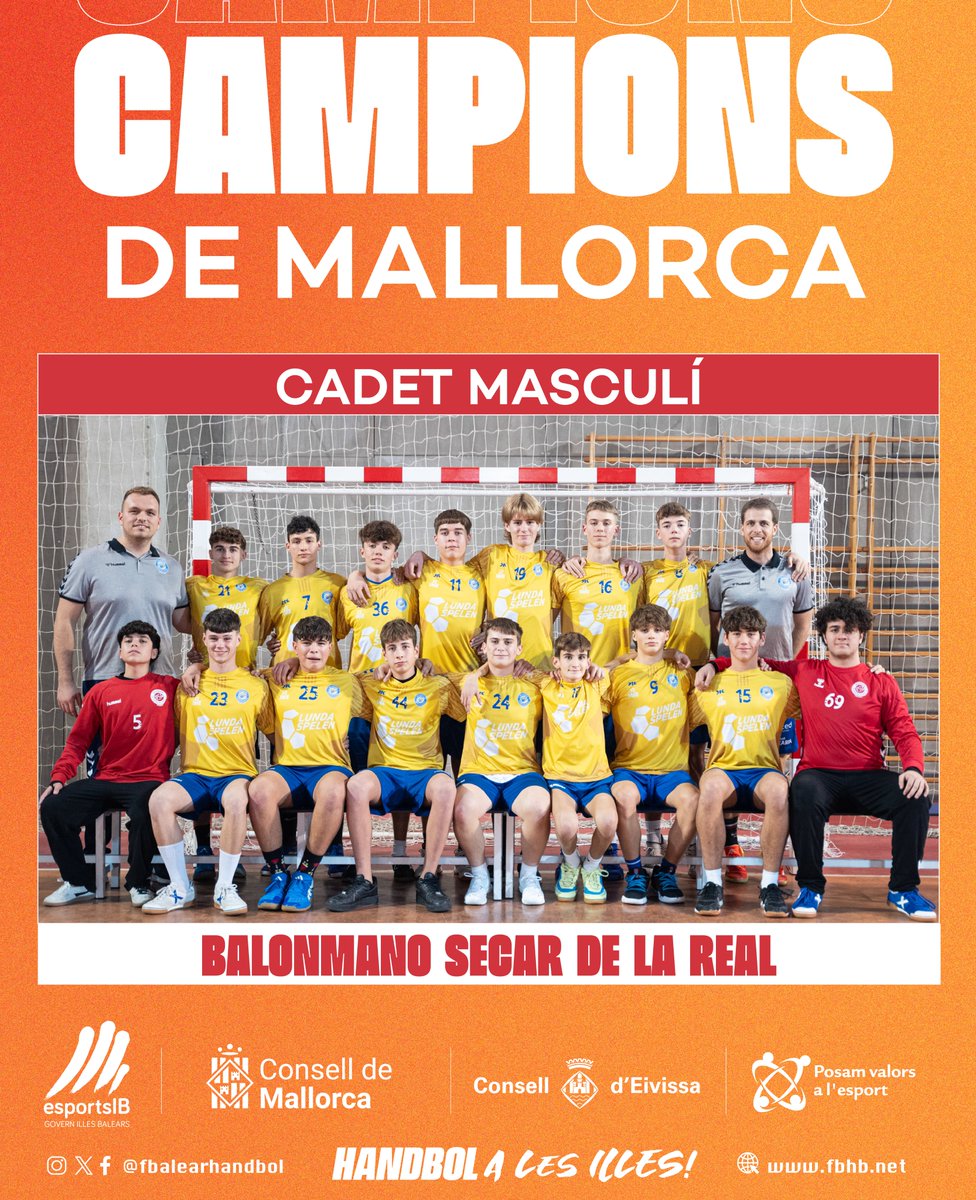 𝗖𝗔𝗠𝗣𝗜𝗢𝗡𝗦 𝗗𝗘 𝗠𝗔𝗟𝗟𝗢𝗥𝗖𝗔

El Club Balonmano Secar de la Real Cadet Masculí, aconsegueix el títol de Campions de Mallorca!

Enhorabona equip per la gran temporada i la bona feina! Continuem!

#HandbolALesIlles